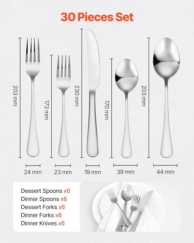 VEVOR 30-Piece Silverware Set, Food-Grade Stainless Steel Flatware Utensils, Mirror Finished Cutlery Set, Dishwasher Safe Eating Tableware for Kitchen Home, Service for 6, Include Knife Fork Spoon