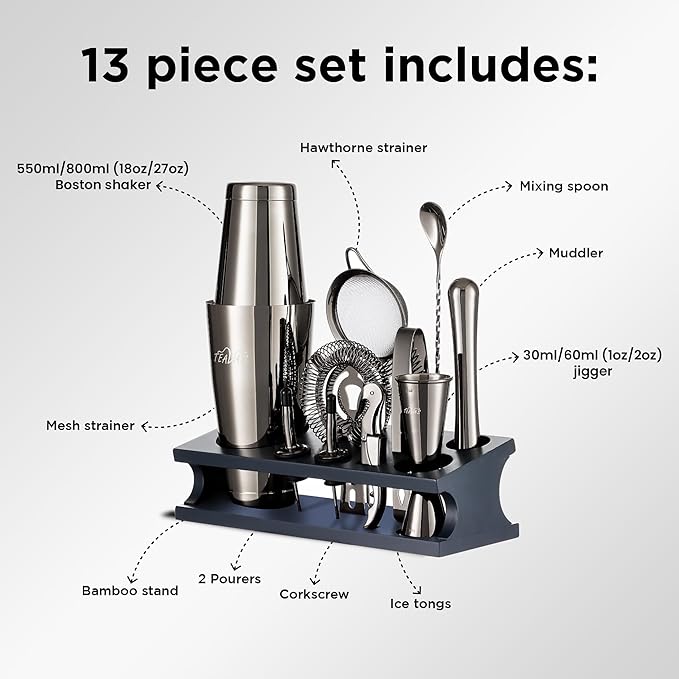 Mixology Black Bartender Kit with Japanese Jigger & Stand - 13 Piece Stainless Steel Cocktail Making Set - Boston Shaker, Strainer, Mixer Spoon, Muddler - Barware Anniversary & Birthday Gifts