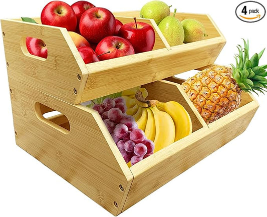 2-Pack Stackable Vegetable Storage Bins, Kitchen and Pantry Organizers and Storage Baskets, for Fruit, Vegetable, Produce, Bread, Potato Onion and Snacks, Bamboo Kitchen Storage Containers