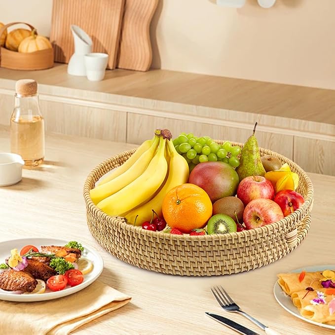 Handwoven Rattan Round Serving Tray, Natural Wicker Decorative Tray for Serving, Coffee Table, Home Boho Décor and Entertaining, Gift Idea Choice