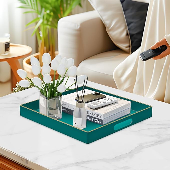 MAONAME Decorative Tray, Green Serving Tray with Handles, Coffee Table Tray, Square Plastic Tray for Ottoman, Bathroom, Kitchen, 13"x13"x1.57"