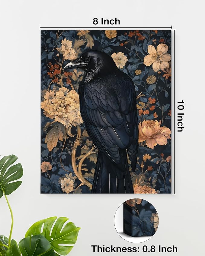 Aesthetic Raven Floral Wall Art Decor Vintage Raven Cottagecore Canvas Print Poster Dark Academia Framed Painting Wall Decoration for Home Farmhouse Living Room Bedroom 8x10 Inch