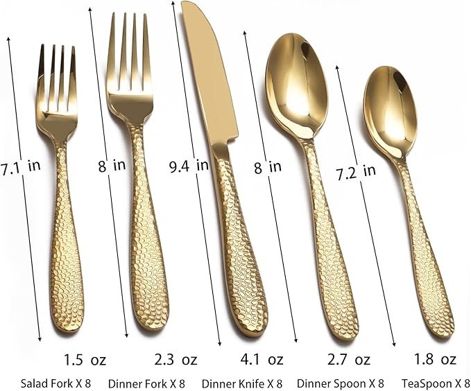 Gold Hammered Silverware Set, 40 Piece Stainless Steel Heavy Duty Flatware Set for 8, Food-Grade Tableware Cutlery Set for Home Restaurant, Mirror Polished, Dishwasher Safe