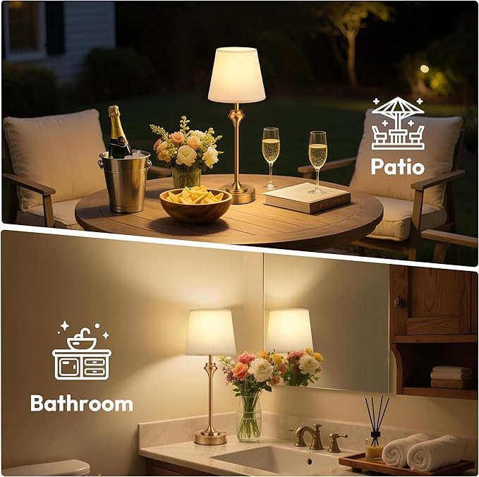 NIORSUN Portables Cordless Table Lamp,Battery Operated Lamp,5200mAh Bedside Table Lamp with Warm White,3 Way Dimmable Touch Desk Lamp for Bedroom Living Room Restaurant White Shade (Gold)