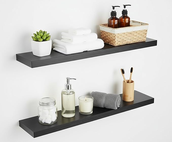 Lufia Floating Wall Shelves, Set of 2, MDF with Invisible Brackets, Modern Storage for Bedroom, Bathroom, Living Room, Kitchen (Black, 32" W x 7" D x 1.5" H)