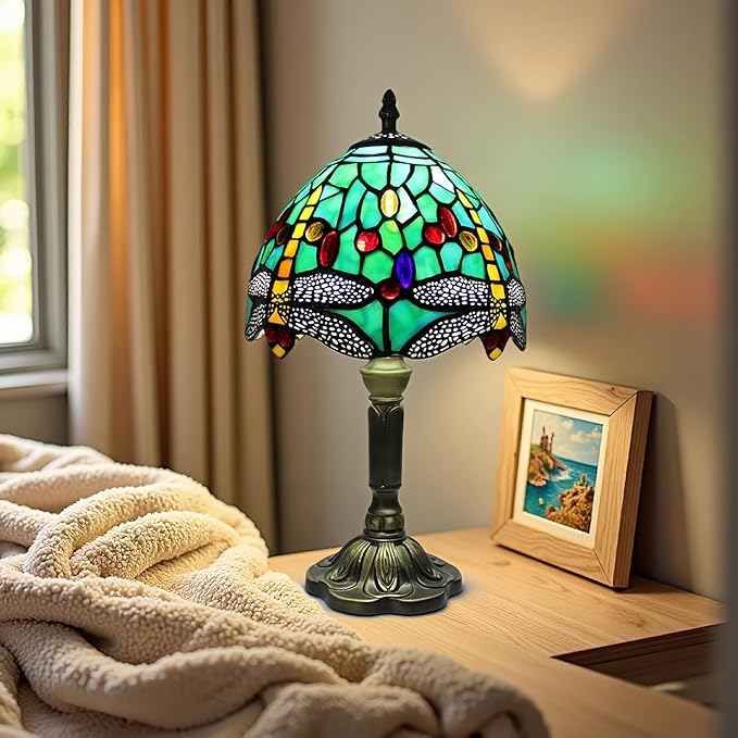 Tiffany Style Lamp,Dragonfly Stained Glass Table Lamp,8" Antique Bedside Night Light with Included LED Bulb,Warm White Light for Bedroom/Office Decor,Art Vintage Lamp Gift
