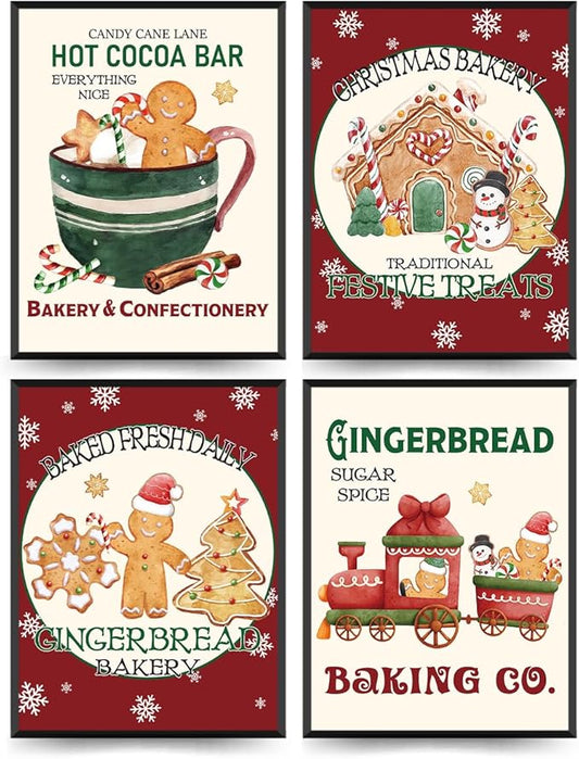 ETVISO Christmas Decor, Gingerbread Christmas Wall Art Prints Set of 4, Winter Holiday Baking Lover Gifts Home Decor, Xmas Bakery Hot Cocoa Porch Wall Decor, 12x16 (Unframed)