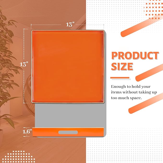 MAONAME Decorative Tray, Orange Serving Tray with Handles, Coffee Table Tray, Square Plastic Tray for Ottoman, Bathroom, Kitchen, 13"x13"x1.57"