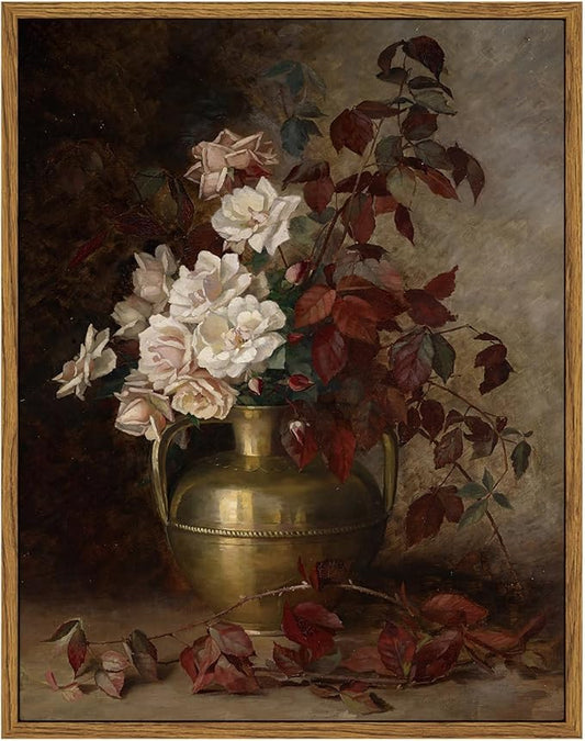VIYYIEA Vintage Floral Framed Wall Art, Rose Bouquet Flower Paintings Decor Aesthetic, Canvas Print Artwork, Still Life Retro Wall Pictures for Bedroom Living Room, 11x14 Inch