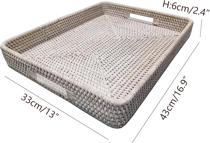 i-lan 17" Handwoven White Washed Natural Rattan Ottoman Serving Tray with Handles-Decorative Wash White Rectangular Wicker Basket Storage Platter for Fruits,Drinks and Table Things
