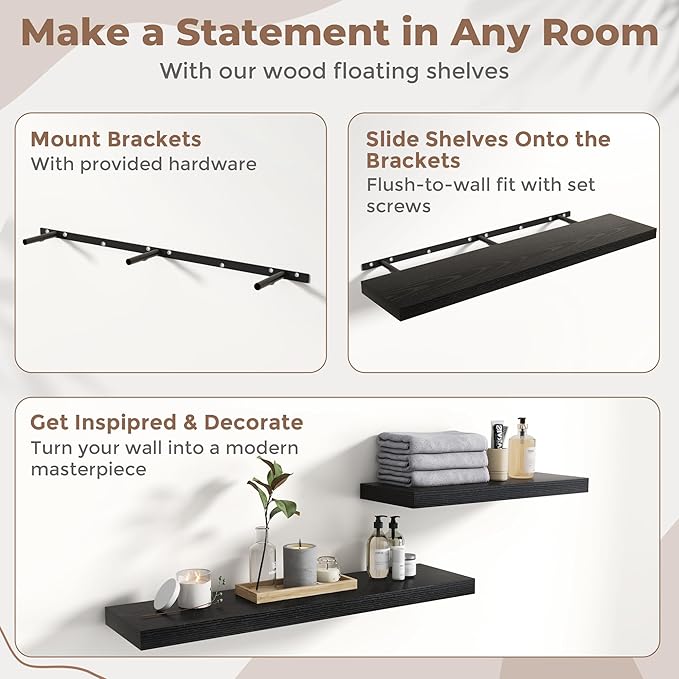 Floating Shelves for Wall with Invisible Brackets, Wall Mounted Engineered Wood Shelves with Wood Grain for Living Room, Bedroom, Bathroom, Kitchen Decor and Storage, Oak, 48"L Set of 2, Black