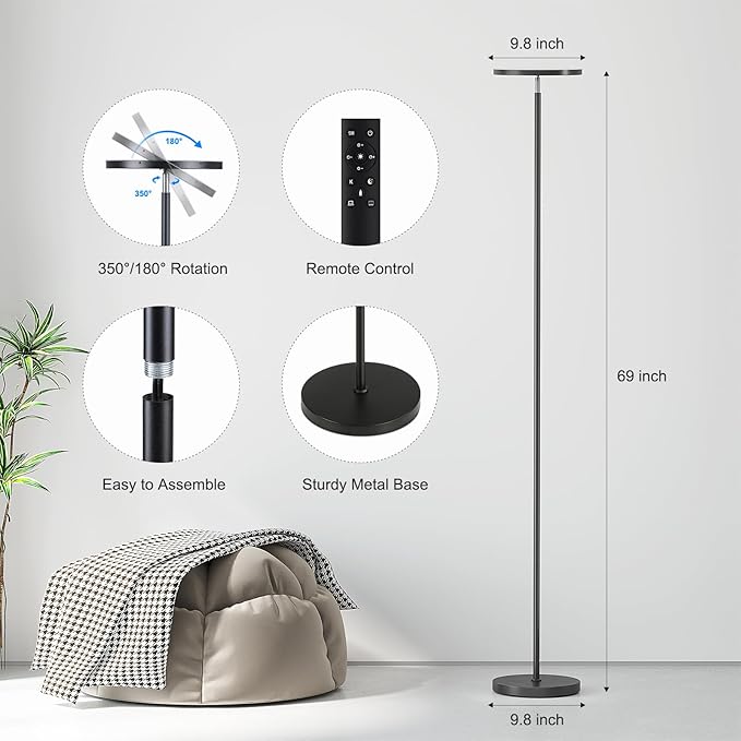SUNMORY Floor Lamps for Living Room, 32W/3000LM Super Bright LED Floor Lamp with Remote Control, 69" Tall Standing Lamp with Stepless Dimmable, Modern Torchiere Corner Lamp for Bedroom, Office