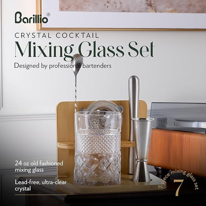 Barillio 24 Oz Crystal Cocktail Mixing Glass with Bamboo Stand & Bar Tools | Seamless Lead-Free Crystal, Weighted Base Stirring Pitcher | Including Muddler, Mixing Spoon, Jigger and Strainer
