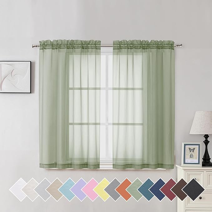 Aiyufeng Window Green Sheer Curtains 45 Inch Length 2 Panels Small Sheer Curtains & Drapes Clear Basic Rod Pocket Panel Bedroom Children Living Room Yard Kitchen, 40Wx45L