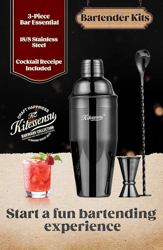 KITESSENSU Cocktail Shaker Set, Stainless Steel Martini Shaker Set with 24 Ounce Cocktail Mixer with Drink Shaker, Measuring Jigger, Bar Spoon & Drink Recipe Guide, Black