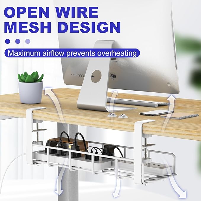 Under Desk Cable Management Tray, 15.7'' White No Drill Steel Desk Cable Organizers, Wire Management Tray Cable Management Rack, Desk Cable Tray with Wire Organizer White(2 pack)