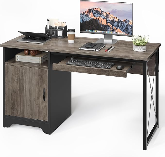 Bestier Office Desk with Keyboard Tray, Industrial Computer Desk with Storage, Reversible Executive Desk with File Cabinet for Home Office Bedroom, 47 inch Grey