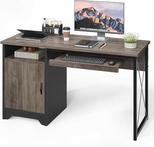Bestier Office Desk with Keyboard Tray, Industrial Computer Desk with Storage, Reversible Executive Desk with File Cabinet for Home Office Bedroom, 47 inch Grey