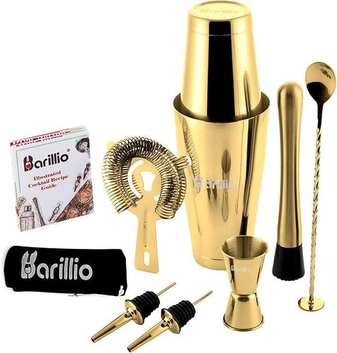 Barillio Gold Boston Shaker Set - Stainless-Steel, Weighted Martini Cocktail Shaker Set w/Strainer & Drink Mixer - Mixology Bartender Kit - Bar Set for The Home - 9-pc Drink Shaker Set - Bar Tools