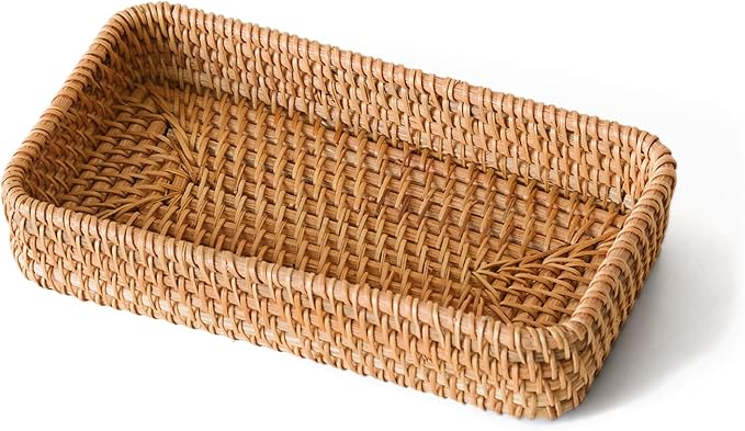 Small Rattan Serving Tray, Natural Wicker Decorative Tray Handwoven for Keys Trinkets Rings Cosmetics, Decorative Jewelry Perfume Tray for Coffee Table Entryway Living Room(8.2" × 4.3")