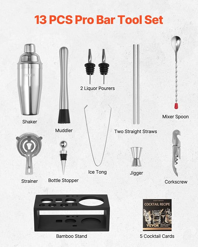 VEVOR Cocktail Shaker Set, 13-Piece Stainless Steel Bar Tools with Bamboo Stand, Martini Bartender Kit Accessories | Mixer Spoon, Muddler, Jigger, Strainer, Liquor Pourers, Ice Tong, Corkscrew, Silver