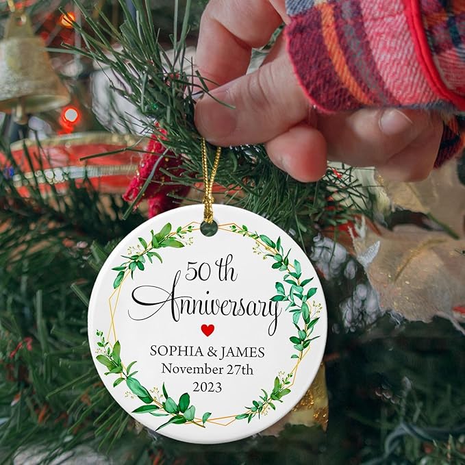 50th Wedding Anniversary Ornament, Personalized Happy Anniversary Ornament Gift for Mom Dad Grandparents, 50 Years As Mr & Mrs 2025 Xmas Ceramic Ornament, Custom Names & Years Anniversary Married