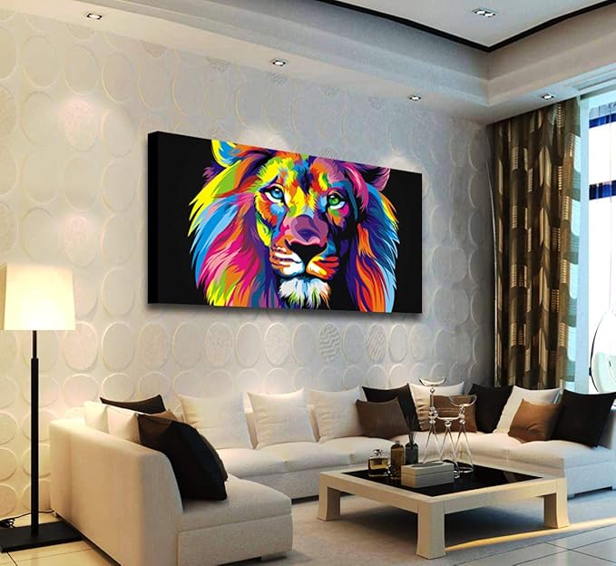 Animal Lion Pictures Wall Decor Art for Bedroom,Colorful Lion Canvas Wall Art Paintings for Living Room,Artwork Stretched and Ready to Hang,Size 24x48inches.