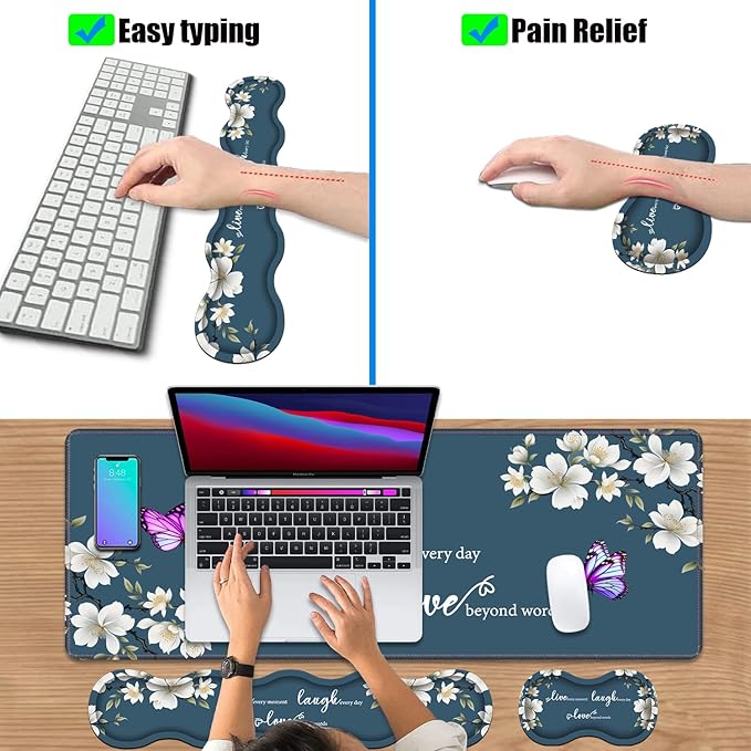 4 in 1 Ergonomic Keyboard Wrist Rest & Mouse Pad Wrist Rest Set, Large XXL Gaming Desk Mat 31.5"x 11.8" with Non-Slip Base, Memory Foam for Home Office Study Gaming, Floral Quote Live Laugh Love