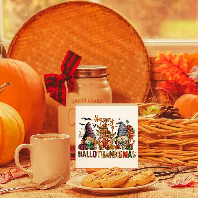 Happy HallowThanks Fall Desk Gnome Rustic Wooden Box Thanksgiving Gnome Decorations for Home Pumpkin Decor Halloween Christmas Farmhouse Harvest Autumn Wood Sign for Shelf Tiered Tray