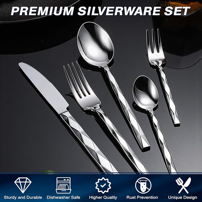 20-Piece Silverware Set, Premium Flatware Set for 4, 18/10 Stainless Steel Cutlery with Diamond Cut Pattern for Dinner, Kitchen, Home, Wedding, Party, Dishwasher Safe
