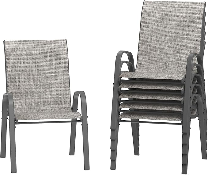 Amopatio Patio Chairs Set of 6, Outdoor Stackable Dining Chairs for All Weather, Breathable Garden Outdoor Furniture for Backyard Deck, Light Grey