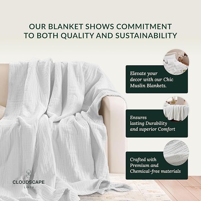 Cloud Scape Linen Extra Large 4 Layer Muslin Throw Blanket - 100% Cotton Gauze, Lightweight & Breathable All Season, Pre-Washed, for Couch & Bed, 50x70, White