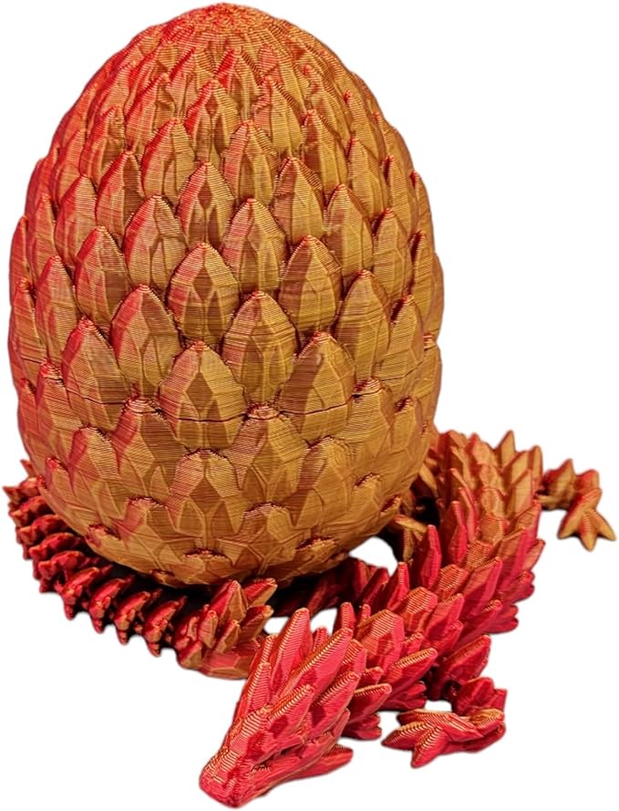 3D Printed Dragon Egg Articulating Gemstone Dragon Fidget Figurine - Vibrant Color Dragons Flexible ADHD, Autism and Anxiety Relief - Articulated Joints (Gold Red)