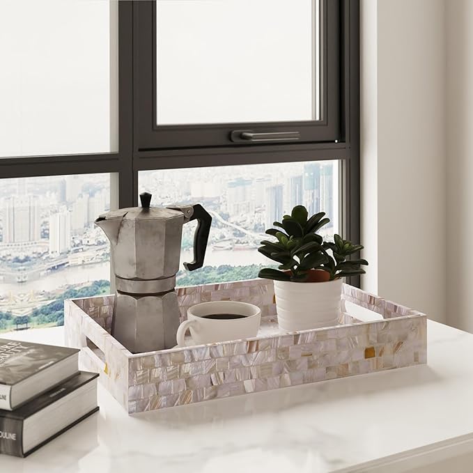 PEMAR Rectangular Mother of Pearl Serving Tray Nacre Wood Lap Ottoman Tray for Coffee Table, Luxury Decorative Handmade Eating Platters w Insert Handles (White Cream)