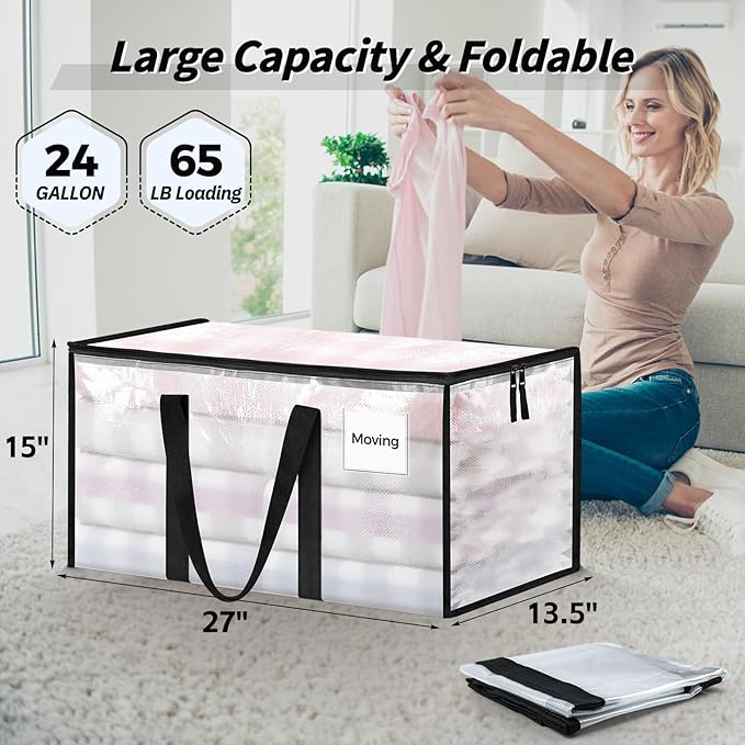 8 Pack Extra Large Heavy Duty Moving Bags, Clear Storage Bins with Lids, Reinforced Handles & Heavy-Duty Zippers Moving Boxes Storage Bags Totes for Clothes Packing, Dorms, College Supplies, Clear