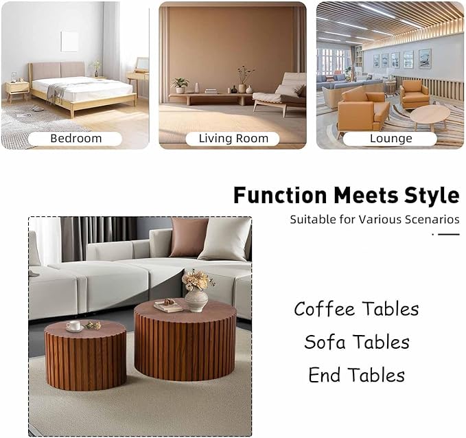 Modern Round Nesting Coffee Table Set of 2, Vertical Stripe Design Drum Coffee Table Cocktail Table, Round Side Table for Living Room, Bedroom, Office, Balcony (J19.7+27.6")
