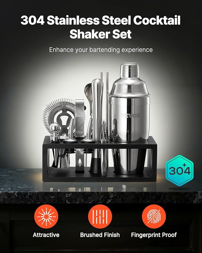 VEVOR Cocktail Shaker Set, 13-Piece Stainless Steel Bar Tools with Bamboo Stand, Martini Bartender Kit Accessories | Mixer Spoon, Muddler, Jigger, Strainer, Liquor Pourers, Ice Tong, Corkscrew, Silver