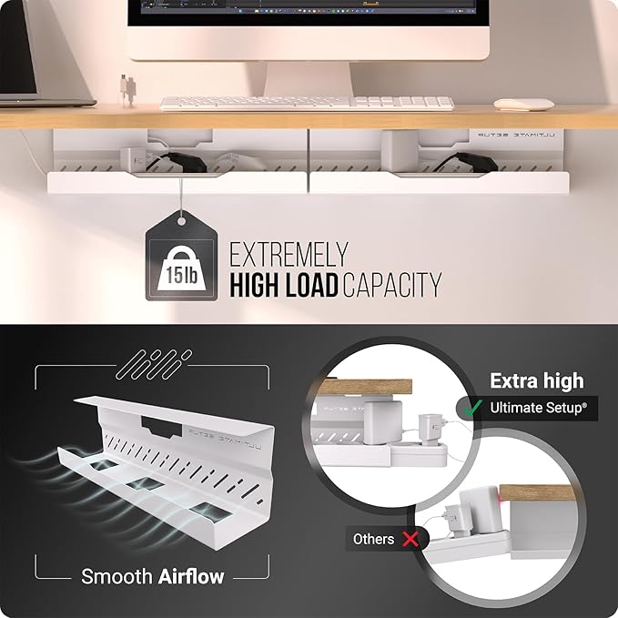 Under Desk Cable Management Tray no Drill – Wire Management - Cord Organizer – Huge Load Capacity – Under Desk Cable Tray no Drill (White, 2 Pieces Set)