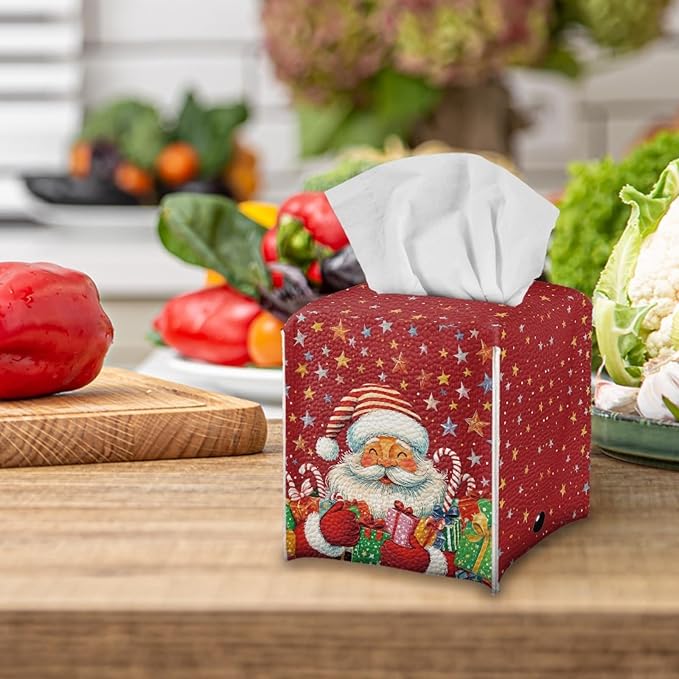 Santa Claus Tissue Box Cover 5.1x5.1x5.1'' Tissue Holder Napkin Dispenser for Home Office Car, Christmas PU Leather Square Napkin Facial Paper Holder Organizer