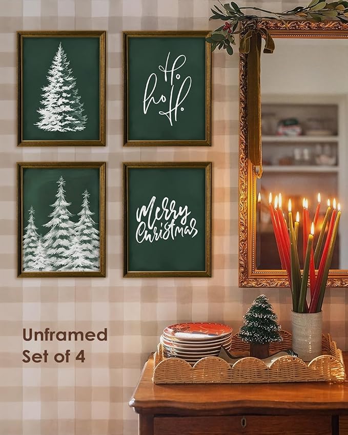 Wheatwin Vintage Christmas Green Wall Art Prints Set of 4, Merry Christmas Sign Decor Wall Art Poster Decorations for Bathroom Living Room Bedroom, 12x16 (Unframed)
