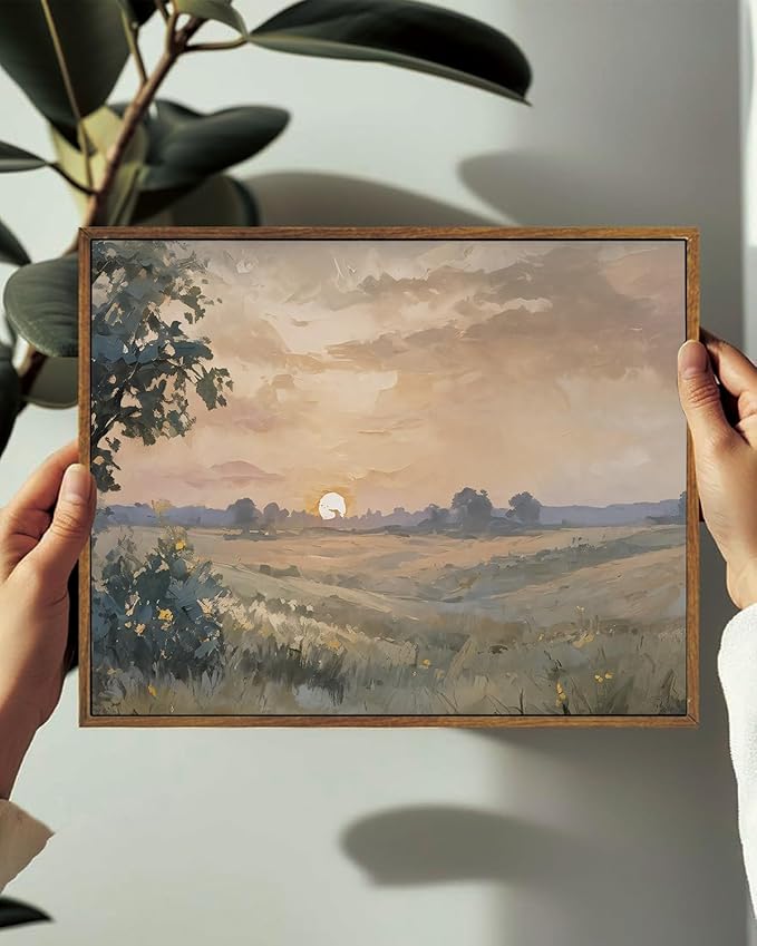 KISSFOX Vintage Framed Wall Art Sunset Landscape Canvas Wall Art Neutral Farmhouse Serene Countryside Paintings Artwork Rustic Art Prints For Bedroom Living Room