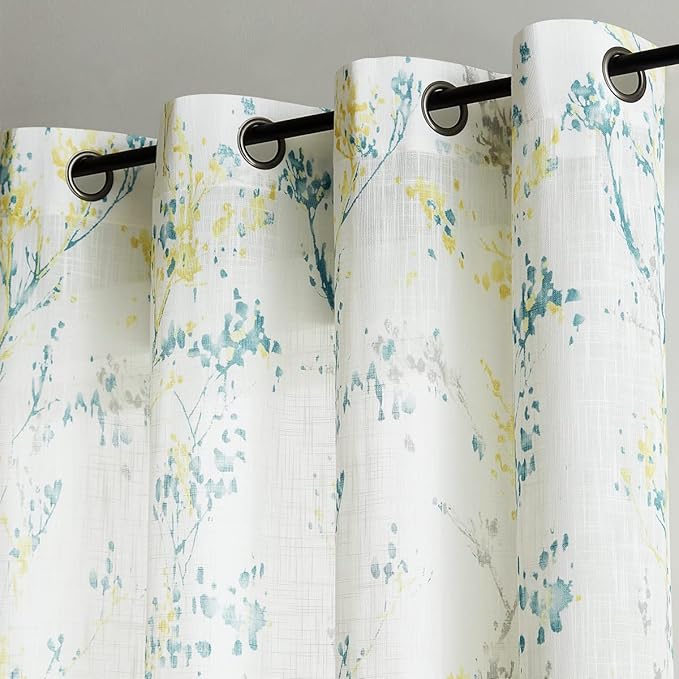 Branch Semi Sheers Curtains Living-Room 84inch Long Yellow Teal Watercolor Print Tree Curtain Drapes for Bedroom Linen Textured Look Privacy White Sheer Window Panels for Dining Grommet Top 2pcs
