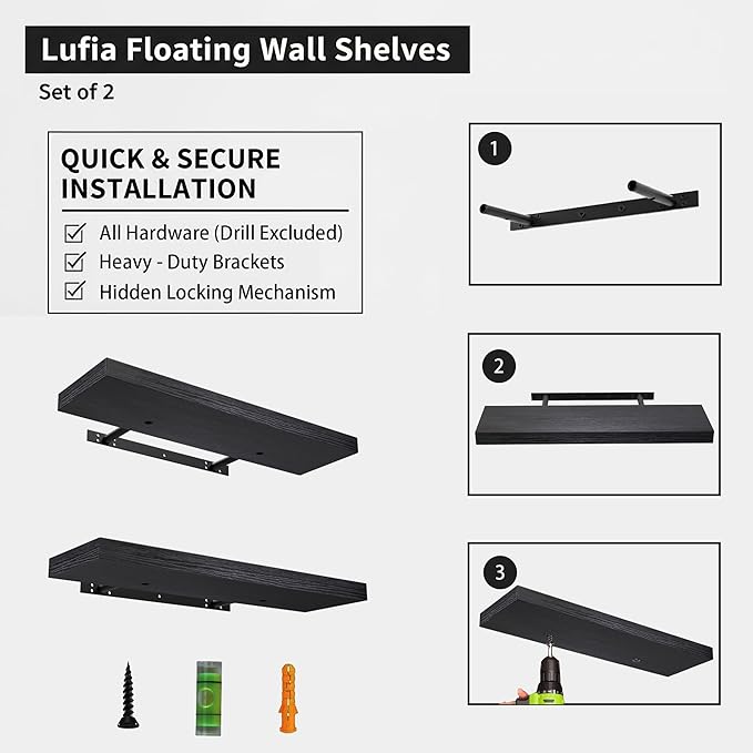 Lufia Floating Wall Shelves, Set of 2, MDF with Invisible Brackets, Modern Storage for Bedroom, Bathroom, Living Room, Kitchen (Black, 24" W x 7" D x 1.5" H)