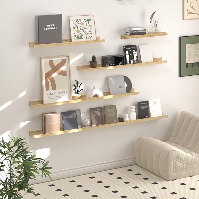 SAUMONIERES Picture Ledge Shelf Floating Book Shelves Set of 2 Wall Mounted Solid Wood for Bedroom Bathroom Living Room Kitchen, 48 Inch Natural