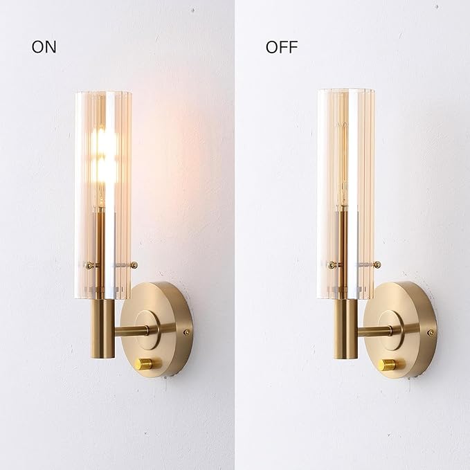Modern Wall Sconces with Striped Amber Glass Shades Gold Brushed Brass Bathroom Vanity Light Fixtures Dimmer ON/Off Switch Indoor Wall Light for Mirror Living Room Bedroom Hallway Staircase