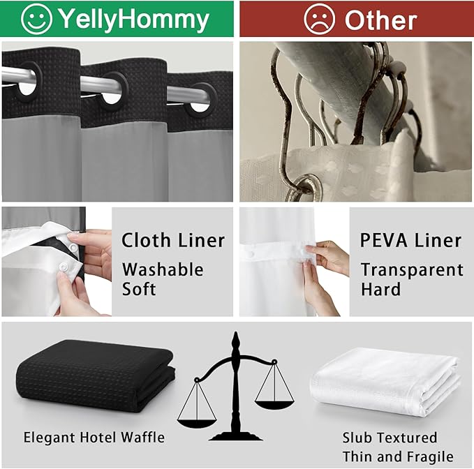 YellyHommy No Hook Shower Curtain with Snap in Liner Set Less Time Black Waffle Shower Curtain for Bathroom 75" L x 78" W