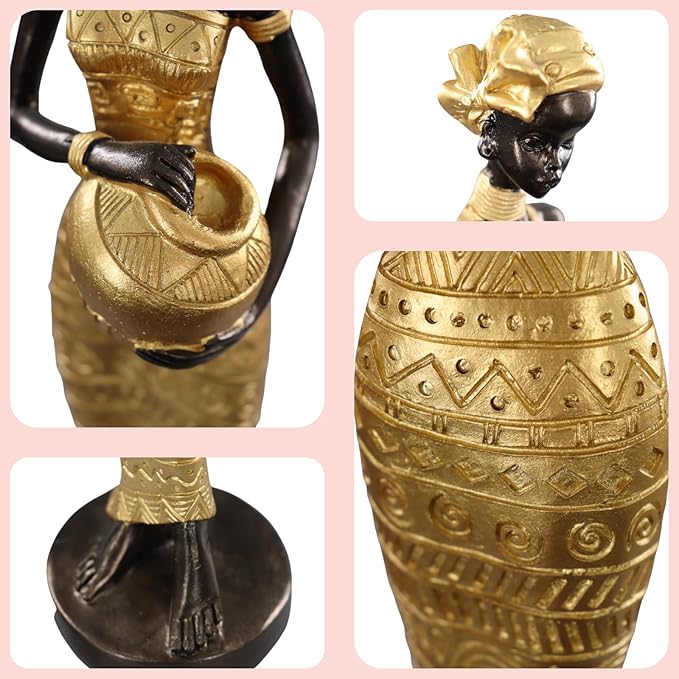 African Traditional Art Handmade Statues, Golden Geometric Pattern Long Skirt Women's Ornaments and Decorations, Suitable for Home Study Display and Cultural Gift Collection