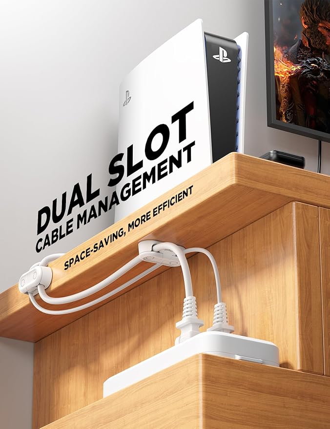 Magnetic Cable Clips - Chfeila 4Pack [Dual Slot] [360°Rotating & Twist-Lock] Cord Management, Adhesive Phone Charging Keeper, Wire Organizer Holder for Nightstand, Home Office Desk Accessories Decor