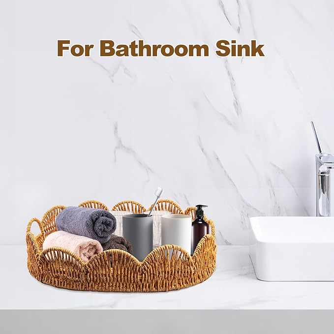 Elliptical Rattan Scalloped Tray, Woven Basket Tray with Bulit-in Handles Scalloped Edges Serving Tray for Coffee Table Living Room Home Decor 14.2" L x 10.9" W x 3.4" H