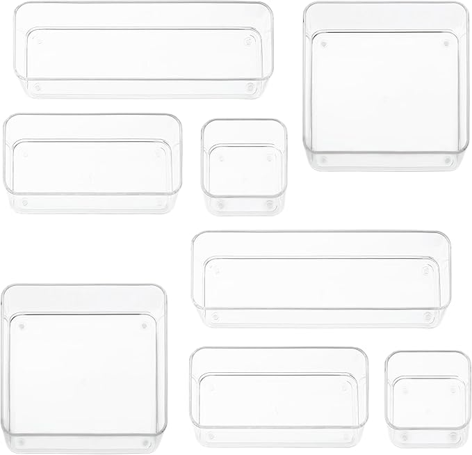 Eight Piecs. Plastic Clear Drawer Organizers for Bathroom, Kitchen, Bedroom, Office Organizer Bins, Storage Trays. Heavy Duty, Stackable 4 Sizes